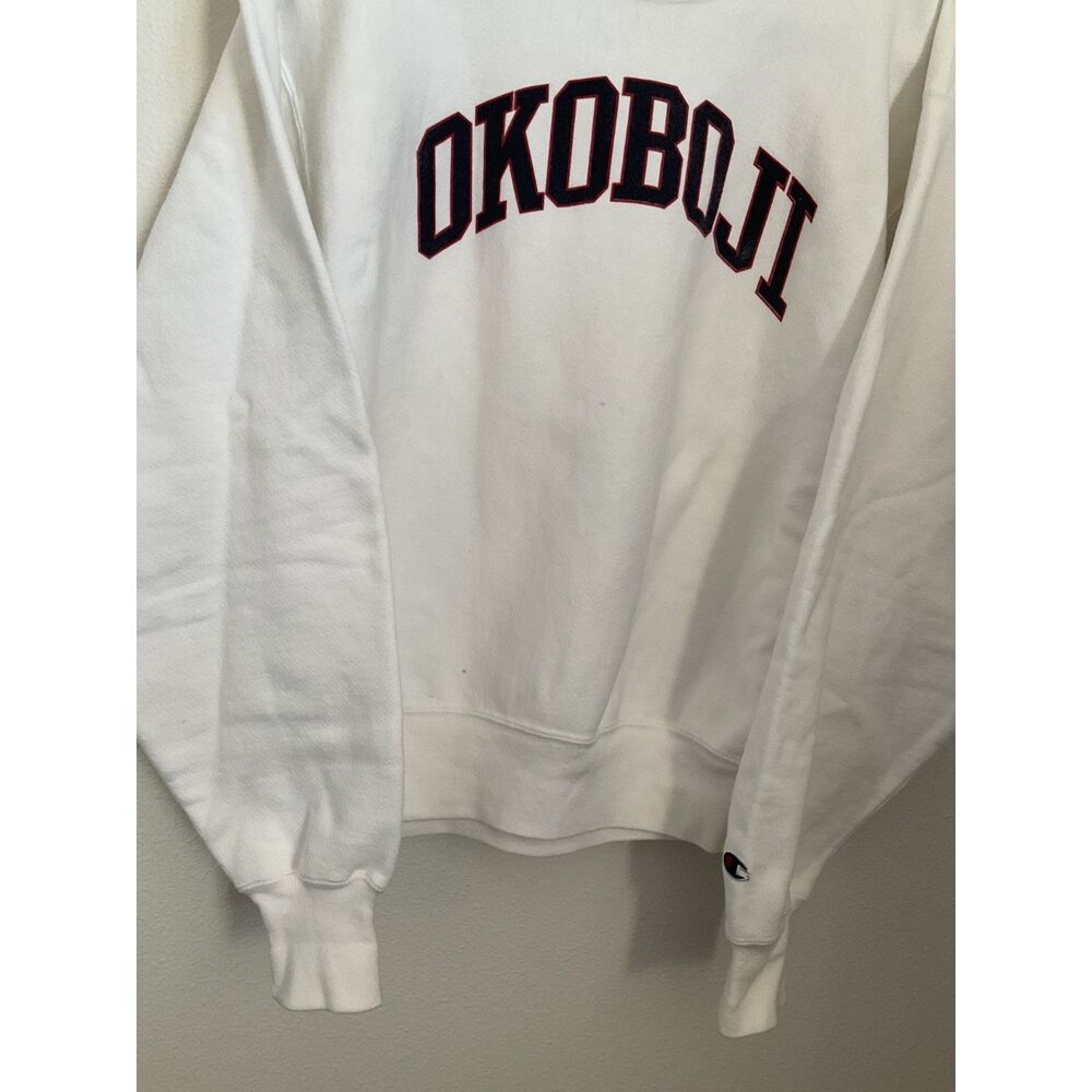 Champion Reverse Weave Okoboji Iowa Crewneck Sweatshirt White Navy Red Mens M - Picture 7 of 8